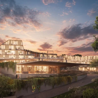 A glazed pavilion lit from within at sunset, terraced residences behind it