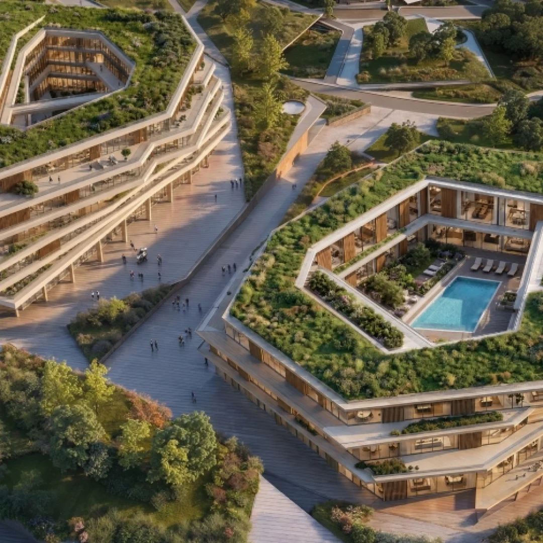 Aerial view of the green-roofed office courtyards and the deck between them