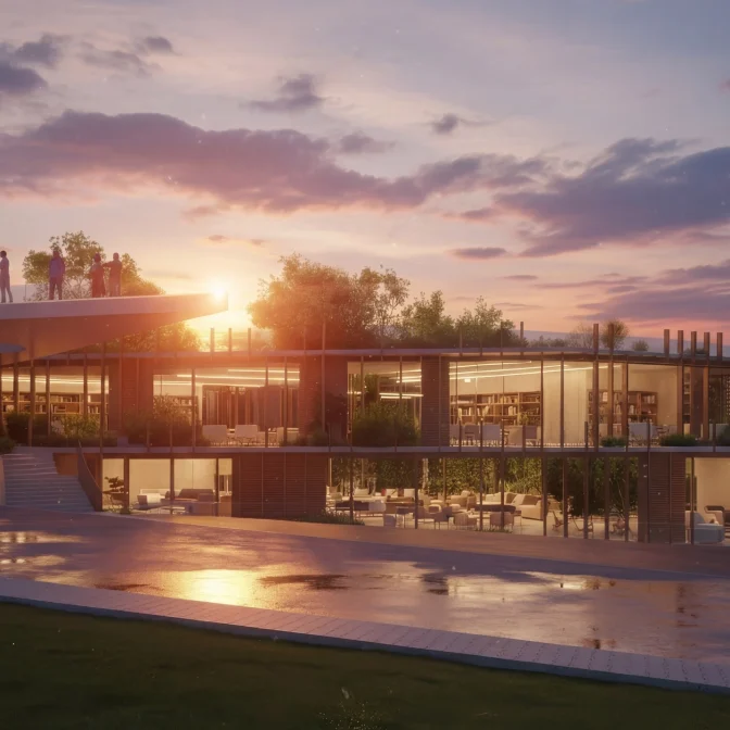 A glazed library block at sunset with people on its roof terrace