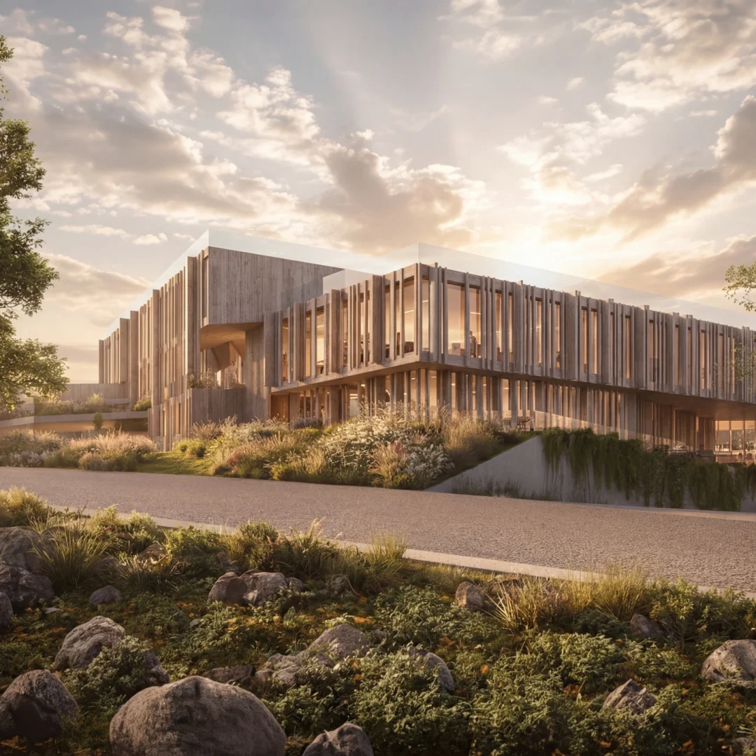 The slat-clad wellness building in evening light above a wildflower bank